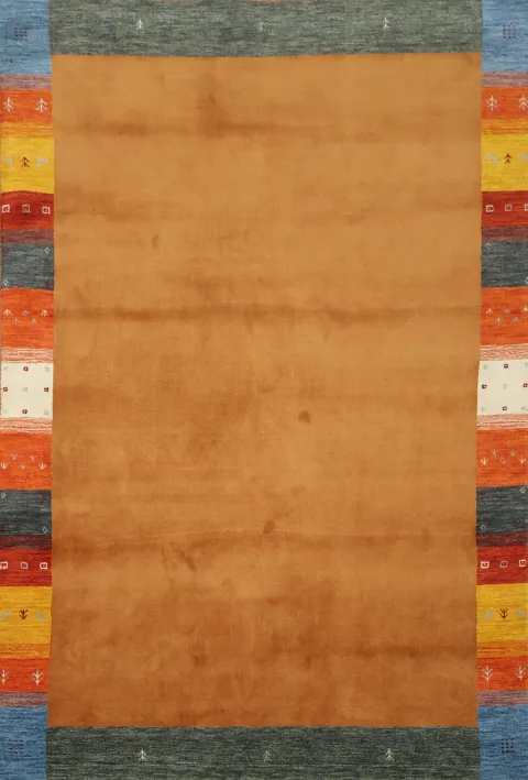 Classic Brown Center Gabbeh Area Rug with Vibrantly Patterned Tribal Borders 7'x10'
