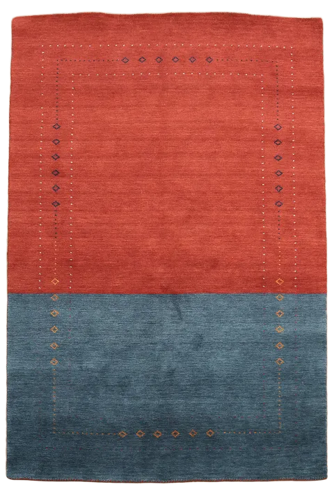 Dual-Tone Red and Blue Gabbeh Area Rug with Minimalist Embellishments 5'x8'