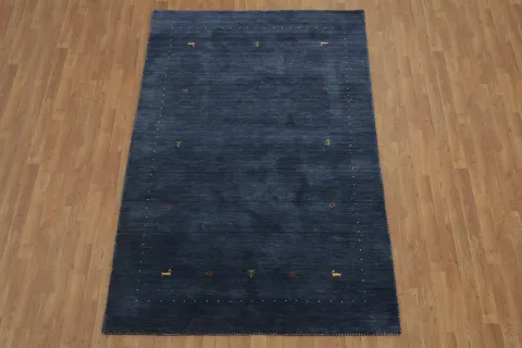 Luxurious Navy Blue Gabbeh Hand-Knotted Wool Rug 5'x8'
