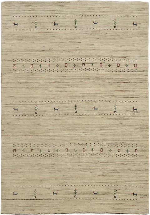 Natural Beige Gabbeh Rug featuring delicate motifs and border designs 5'x8'