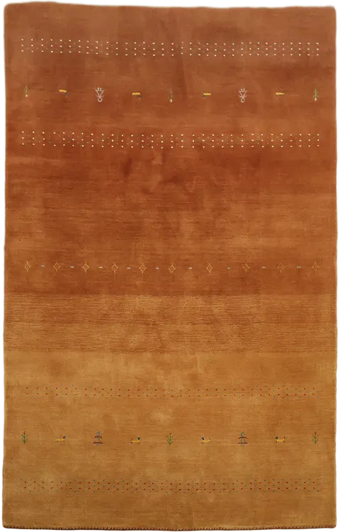 Elegant Amber Toned Gabbeh Rug Showcasing Tribal Motifs 5'x8'