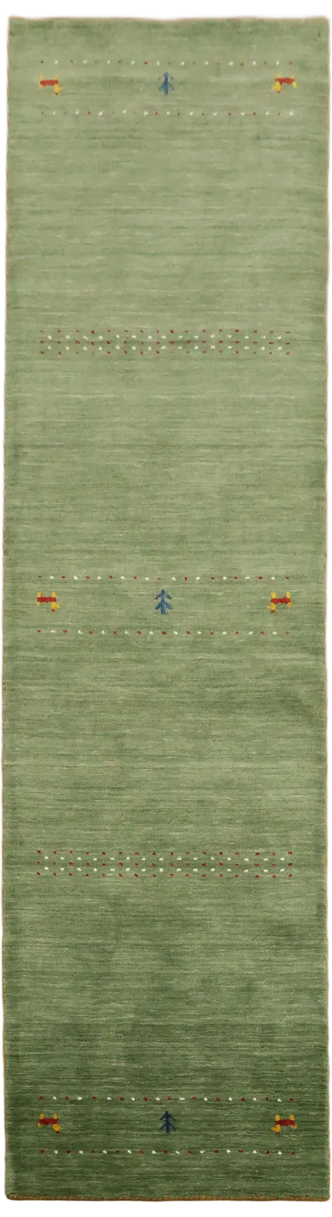 Soft Gabbeh Green Runner Rug with Delicate Colored Accents 3'x10'
