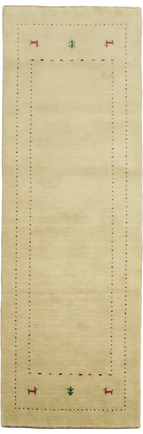Minimalist Beige Gabbeh Runner Rug with Intricate Simple Tribal Symbols 3'x8'
