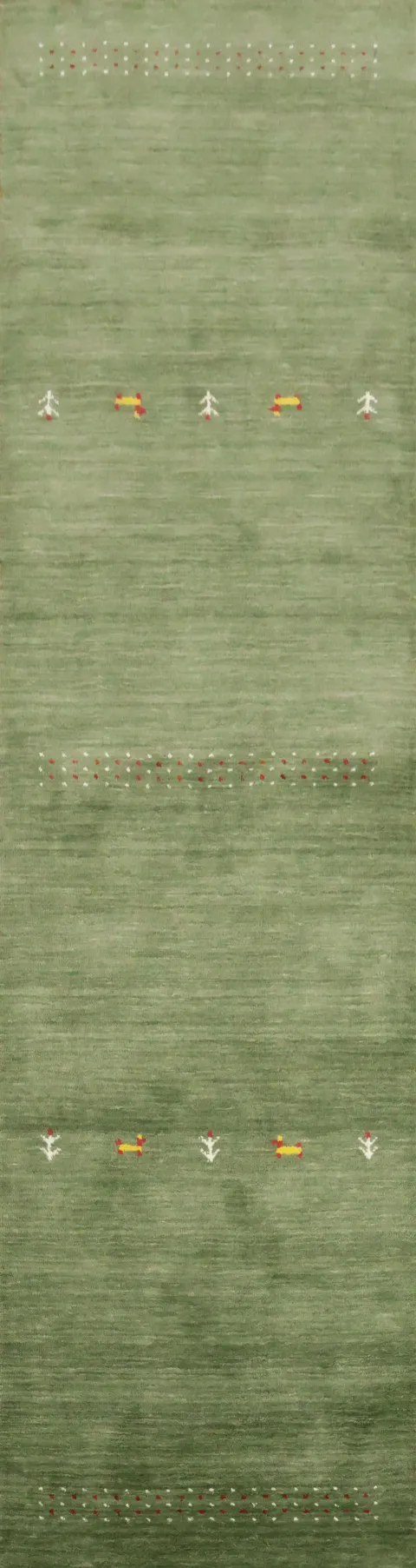 Majestic Green Gabbeh Runner Rug with Delicate Embroidered Details 3'x10'