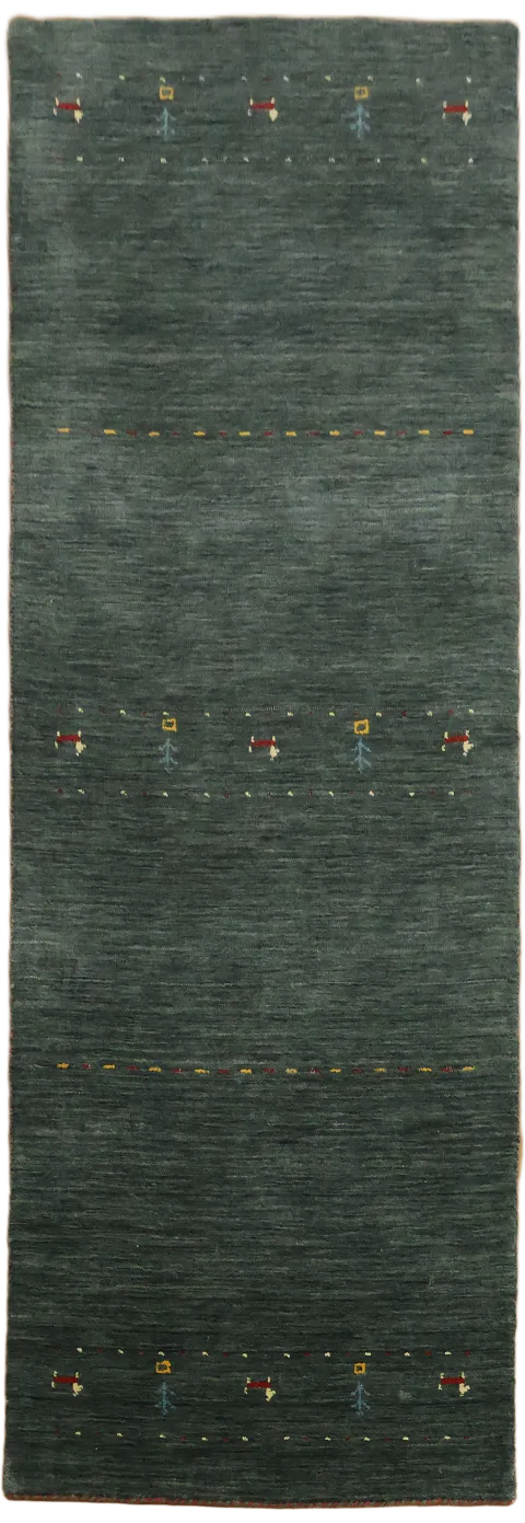 Dark Green Gabbeh Runner Rug with Subtle Pattern Accents 3'x8'