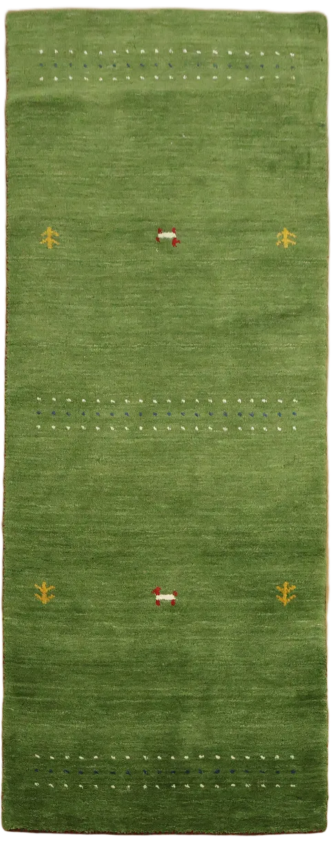 Elegant Green Gabbeh Runner Rug with Subtle Patterned Accents 3'x7'