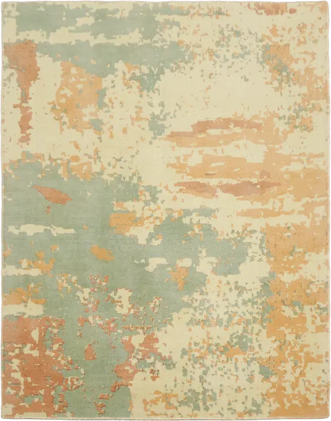 6x8 Abstract Hand-Knotted Area Rug with Beige and Orange Accents