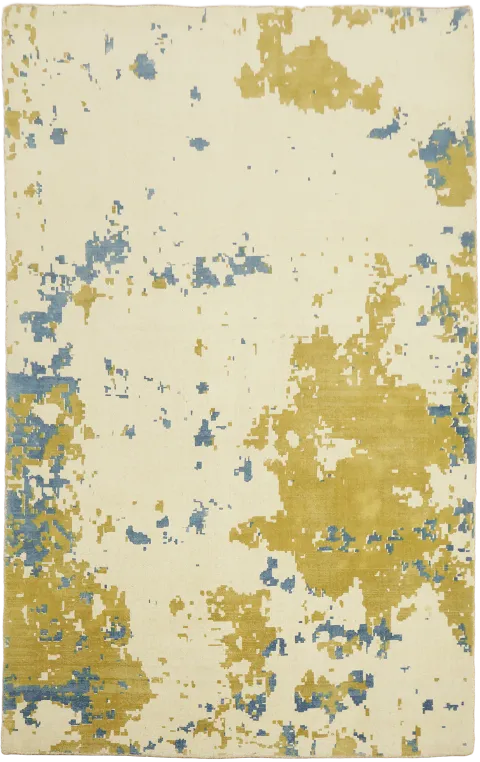 Abstract Modern Beige Rug 5x8 with Blue and Gold Accents