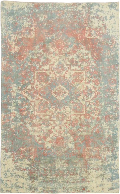 Hand-Knotted Abstract Beige Rug with Light Blue and Coral Accents 5x8