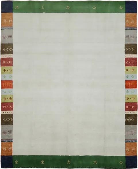 Contemporary Gabbeh Neutral Rug with Colorful Geometric Trim 8x10