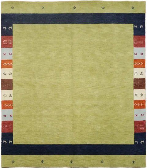 Vibrant Green and Multicolor Striped Border Rug - 9x10 Area size