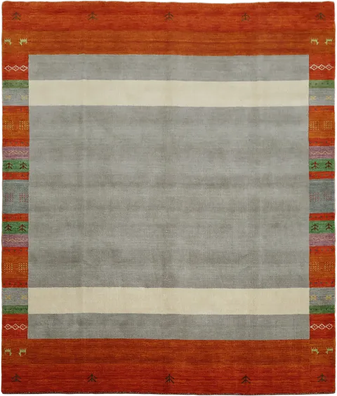 Vibrant Colors in Grey and Orange Border in Gabbeh Modern Rug 8x10 ft