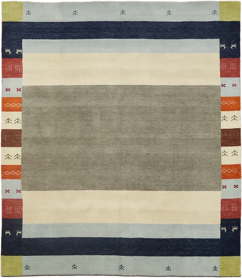 Artisan Modern Gabbeh Rug with Colorful Bands and Central Gray Focus 9'x10'