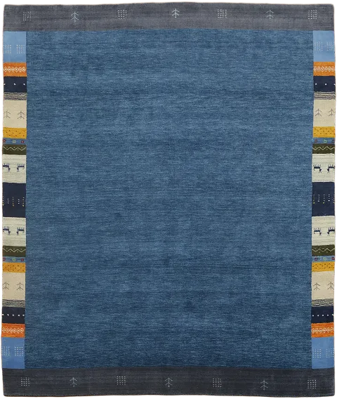 Elegant Gabbeh Blue rug with colorful borders and geometric accents 8'x10'