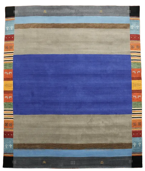 Elegant Multi-Striped Gabbeh Rug Featuring Bold Blue and Grey Highlight 8'x10'
