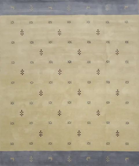 Modern Beige and Blue Gabbeh Area Rug with Artisan Geometric Design 8'x10'