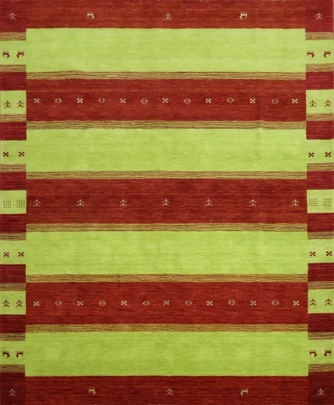 Vibrant Green and Red Striped Gabbeh Rug for Modern Interiors 8'x10'