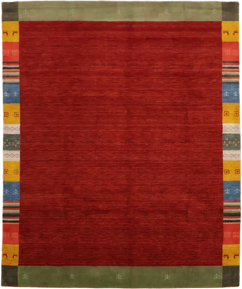 Rustic Warmth: Deep Red Rug with Multicolor Patterned Edges 8x10