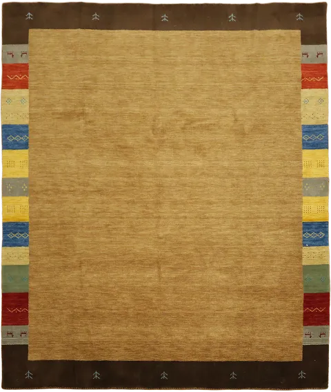 Multicolored Striped Edges on Classic Tan Rug Design 8'x10'