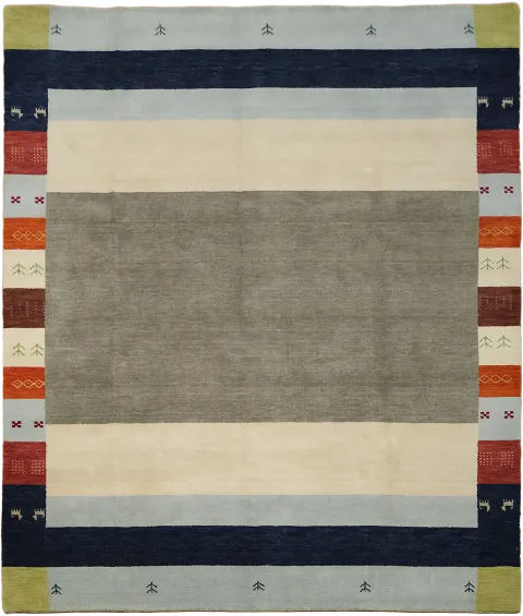 Grey and Ivory Gabbeh Hand-Knotted Area Rug with Colorful Border 8x10