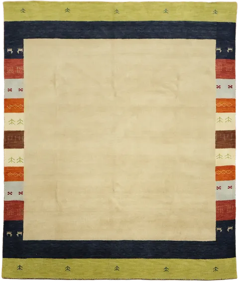 Cozy Beige Rug Accented with Rich, Vibrant Border Stripes 8x10