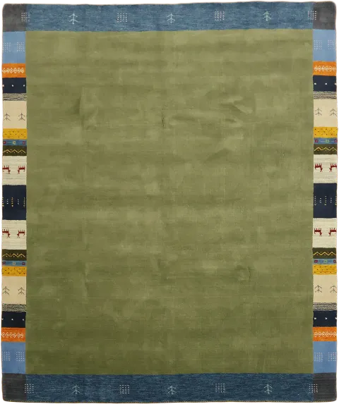 Handmade Gabbeh Rug in Green with Colorful Border Design 8x10