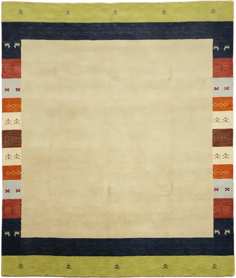 Neutral-Toned Beige Gabbeh Rug with Eye-Catching Artistic Accents 8'x10'