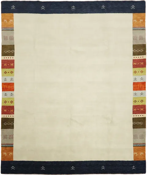 Minimalist Creamy, warm off-white/ivory Gabbeh Rug with Colorful Border Detail 8'x10'