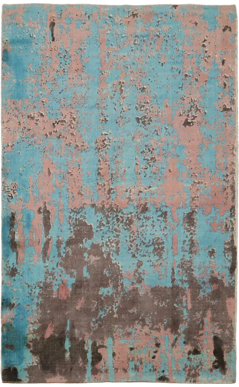 Hand-Knotted Abstract Area Rug 5x8 with Turquoise and Pink Accents 5'x8'