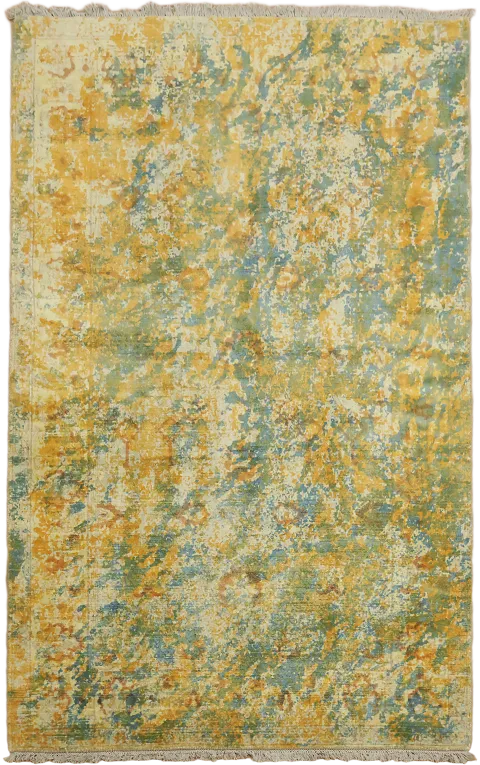 Rustic Abstract Yellow and Blue Abstract Rug with Vintage Charm 5' x 8'