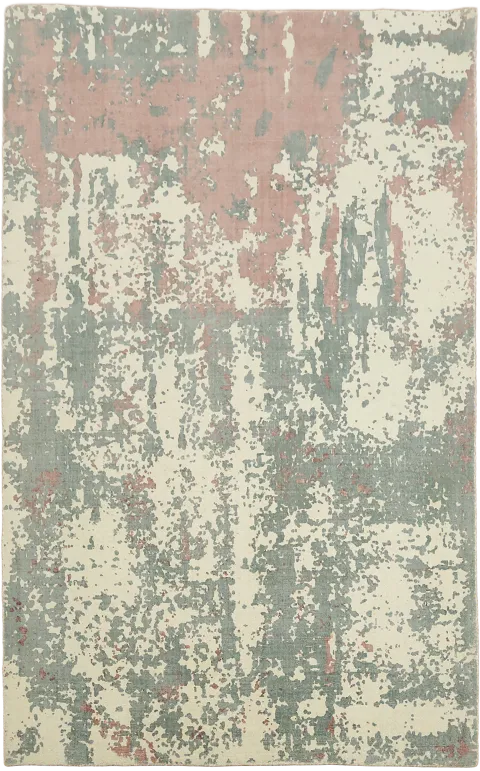 Teal Ivory and Dusty Rose Hand-Knotted Abstract Area Rug 5'x8'