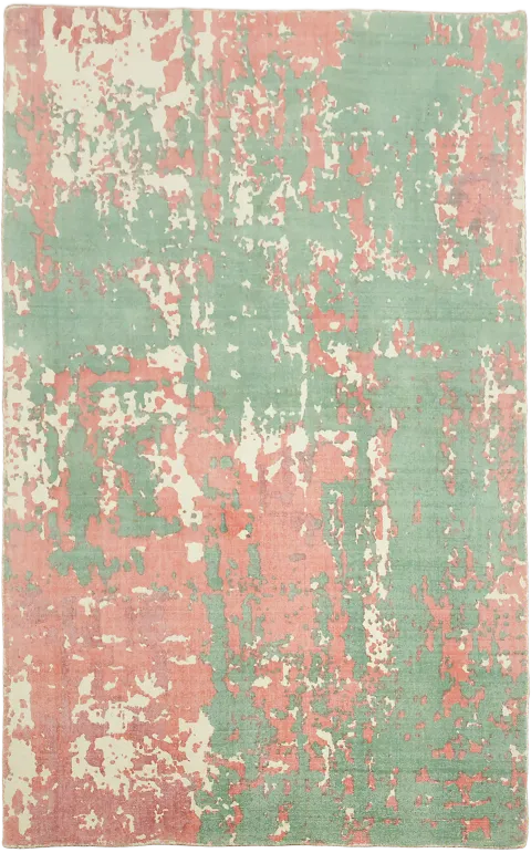Pastel Green and Salmon Pink Abstract Distressed Floor Rug 5' x 8'