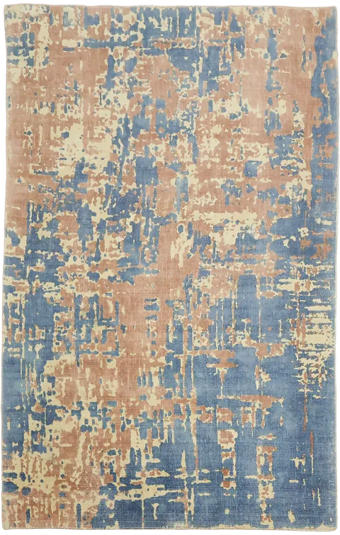 Hand-Knotted Abstract Area Rug with Blue & Terracotta Accents 5x8