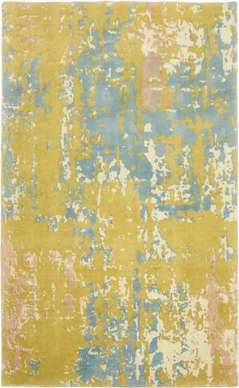 Distressed Abstract Yellow & Blue Hand-Knotted Rug 5x8