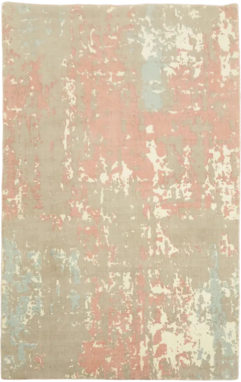 Distressed Rose Pink & Beige Hand-Knotted Wool Rug 5x8