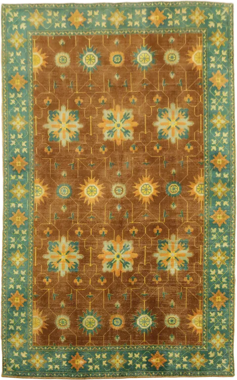 Vintage-Inspired Area Rug with Rich Cinnamon Browns and Teal Accents 5'x8'