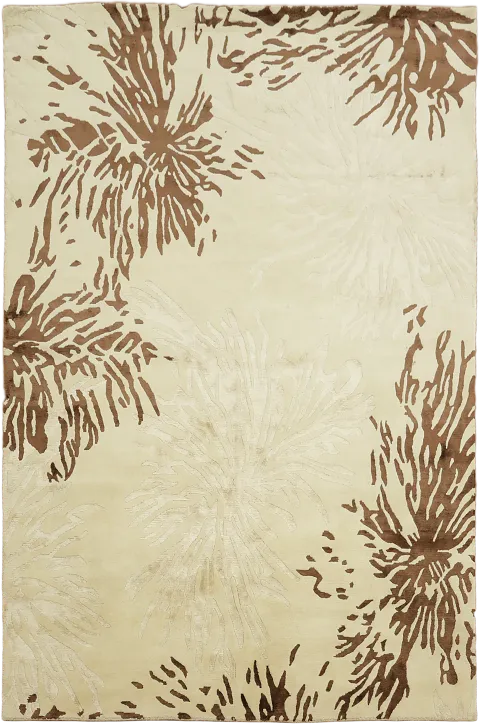 Artistic Nepalese Beige Rug with Brown Abstract Floral Patterns 5'x8'