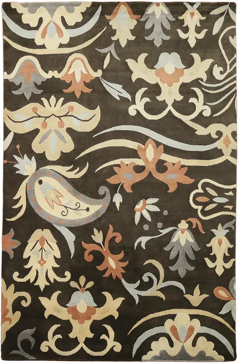 Exquisite Dark Brown Nepalese Botanical Design Rug 5'x8'