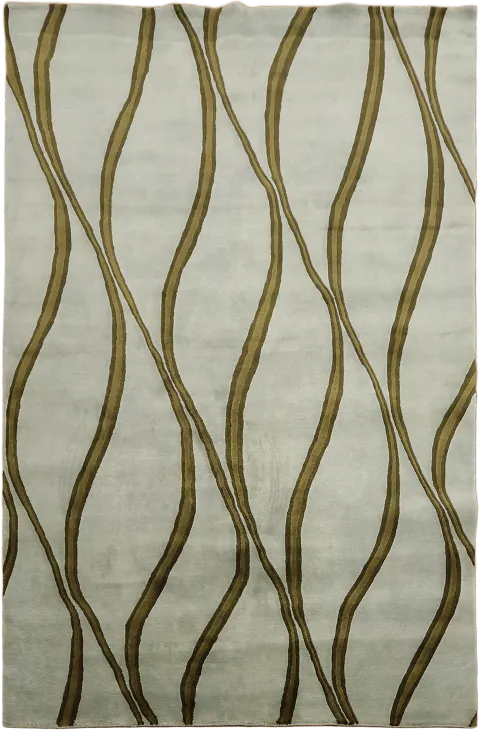 Abstract Green and Brown Tones in Sky Blue Modern Rug 5'x8'