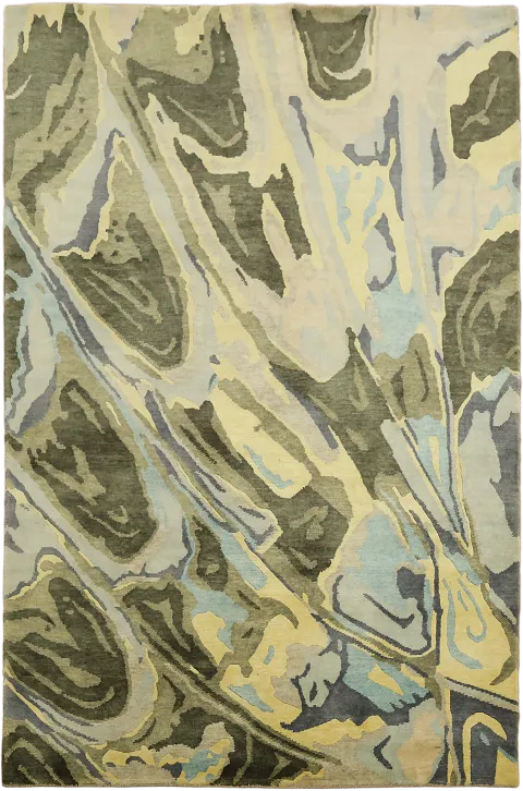 Nepalese Green Blue Artistic Rug with Abstract Swirl Design and Marble Pattern 6'x8'