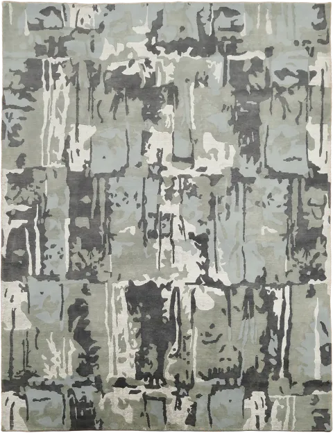 Modern Aesthetic: Grey and Charcoal Nepalese Rug with Architectural Details 9x12