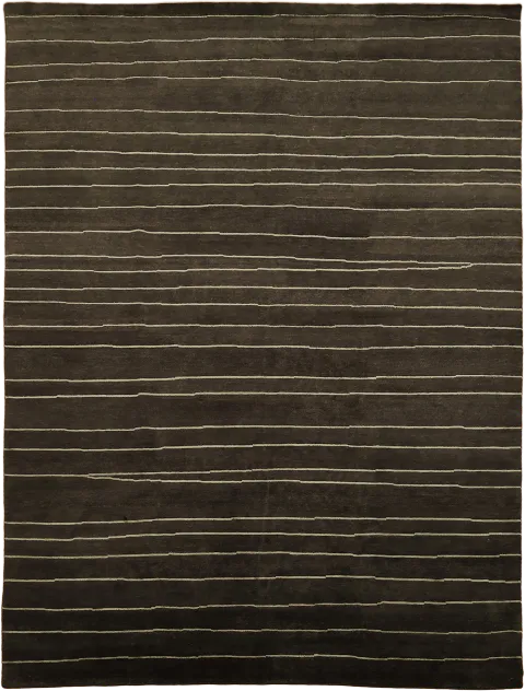 Dark Brown Striped Nepalese Hand-Knotted Area Rug 9x12