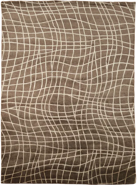 Brown Nepalese Area Rug featuring Wavy Grid Pattern 9x12