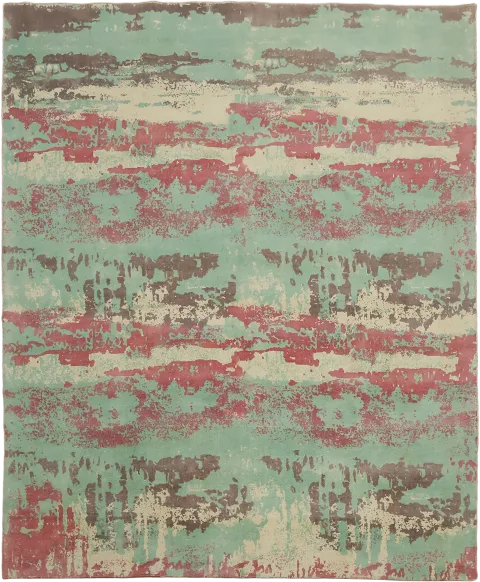 Mint Green & Coral Distressed Wool Rug 8x10