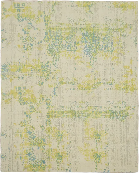 Cream & Yellow Abstract Hand-Knotted Wool Rug 8x10