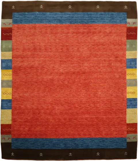 Vibrant Red and Blue Bordered Gabbeh Area Rug with Artistic Flair 8'x10'