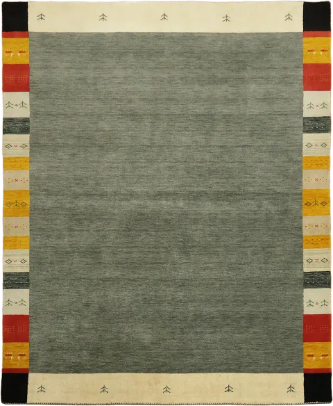 Contemporary Green Gabbeh Area Rug with Vibrant Red and Yellow Border 8'x10'