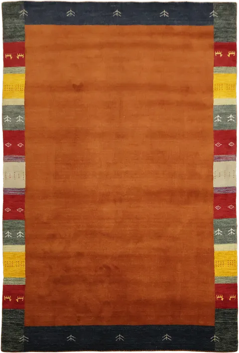 Contemporary Orange Rust Gabbeh Rug with Bold Color Trim 7'x10'