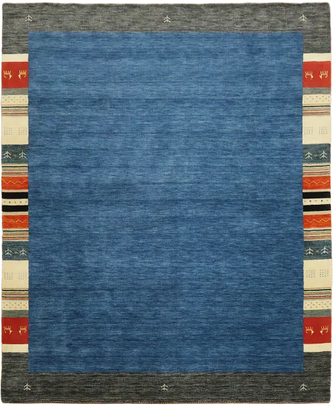 Chic Blue Gabbeh Rug Featuring Vibrant Red Stripes and Geometric Pattern 8'x10'