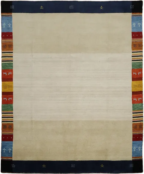 Elegant Minimalist Beige Gabbeh Rug with Vibrant Tribal Border Accents 8'x10'